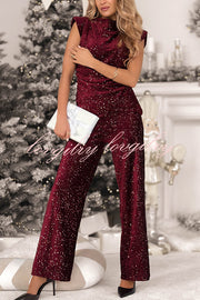 Stylish Sparkly Velvet Sequin Sleeveless Pleated Top and Casual Wide-leg Pants Set