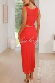 Solid Color Mesh Splicing Waist-baring Slim Maxi Dress