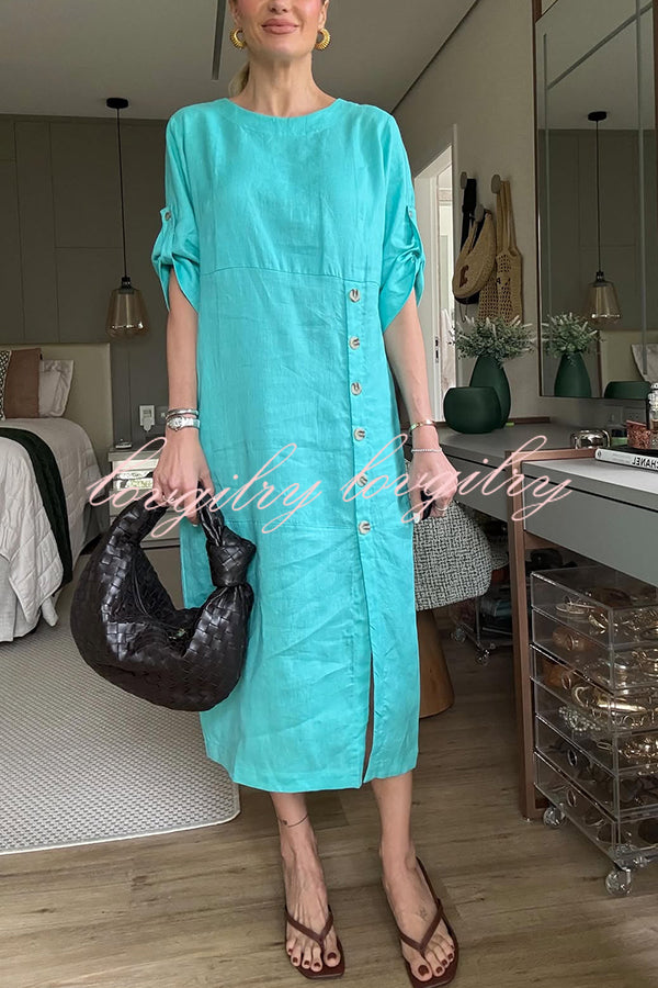 Ultra-comfortable Linen Blend Half Sleeve Front Button Detail Relaxed Pocket Midi Dress