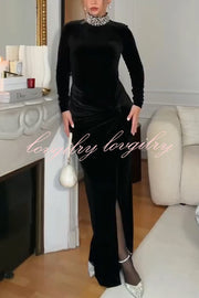 Love Lost Velvet Embellished High Neck Long Sleeve Twist Slit Maxi Dress