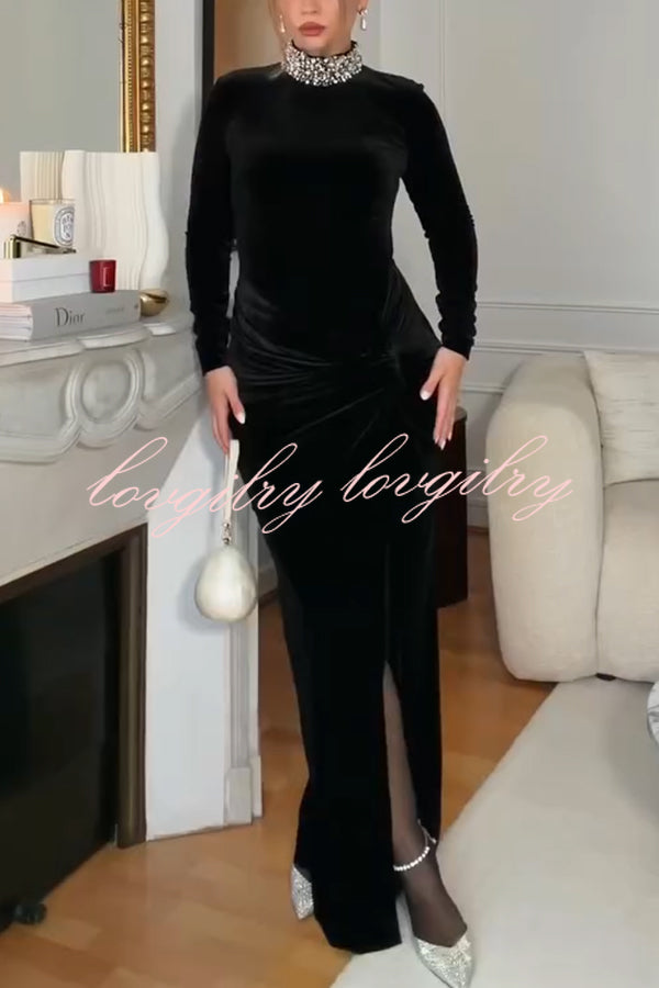 Love Lost Velvet Embellished High Neck Long Sleeve Twist Slit Maxi Dress