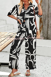 Irregular Printed Button Pocket Long Sleeved Shirt and Elastic Waist Pants Set