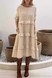 Solid Color Patchwork Round Neck Long Sleeve Loose Pocket Midi Dress