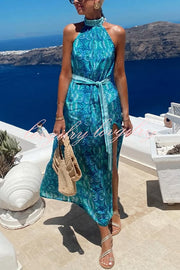 Unique Print Sexy Off-the-shoulder Waist Tie Slit Holiday Midi Dresses