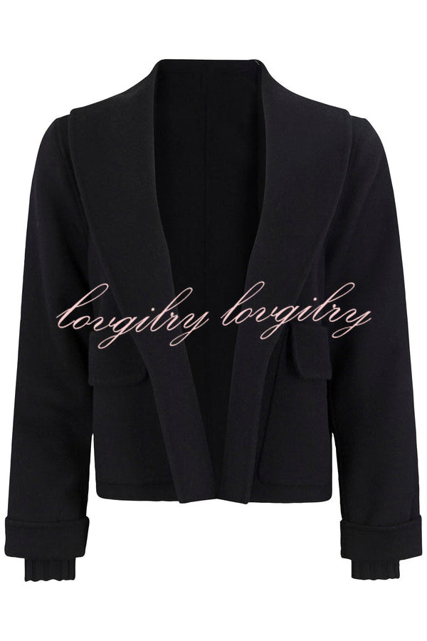 Comfortable Season Shawl Collar Open-front Long Sleeve Flap Pockets Crop Coat