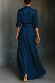 Solid Color Loose-fitting Collared Long-sleeved Shirt and Elegant Pleated Maxi Skirt Set