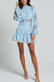 Solid Color Hollow Long-sleeved Waisted Lace Mini Dress