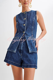 Abel Denim Button Up Seams Pocket Vest Top