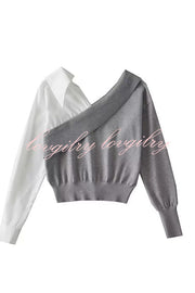 Stylish Patchwork Contrasting Long-sleeved V-neck Casual Sweater