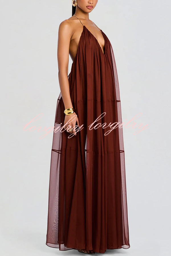 Flowing Lightweight Chiffon Chain Halter Neck Detail Backless A-line Maxi Dress