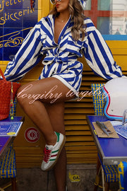 Striped Print Long-sleeved Waist Tie Pocket Casual Rompers