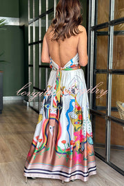 Evangeline Satin Unique Print Back Tie-up Pocket Halter Maxi Dress