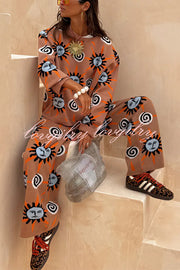 Mediterranean Art Knit Unique Sun Vortex Print Elastic Waist Wide Leg Pants