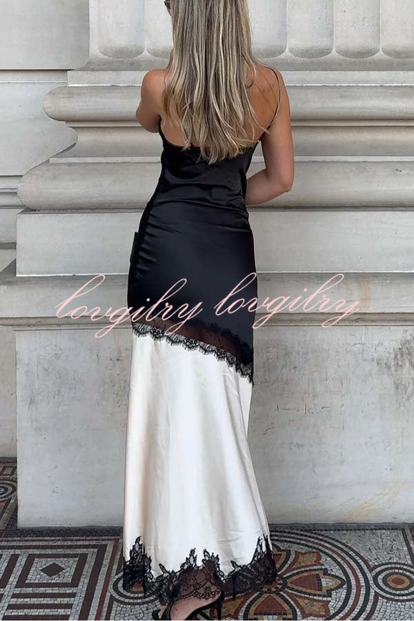 Soft and Romantic Satin Lace Trim Colorblock V-neck Side Slit Maxi Dress