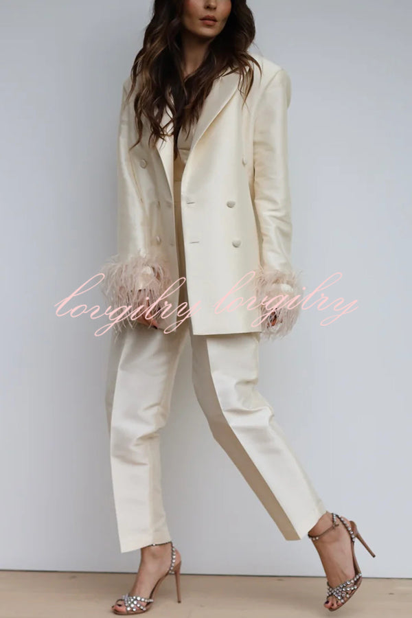Chic Affair Satin Feather Trim Lapel Loose Blazer and High Rise Pocket Tapered Pants Set