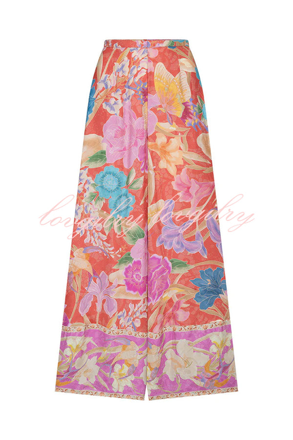 Painter's Garden Boho Floral Print  Elastic Waist Pocketed Wide Leg Pants