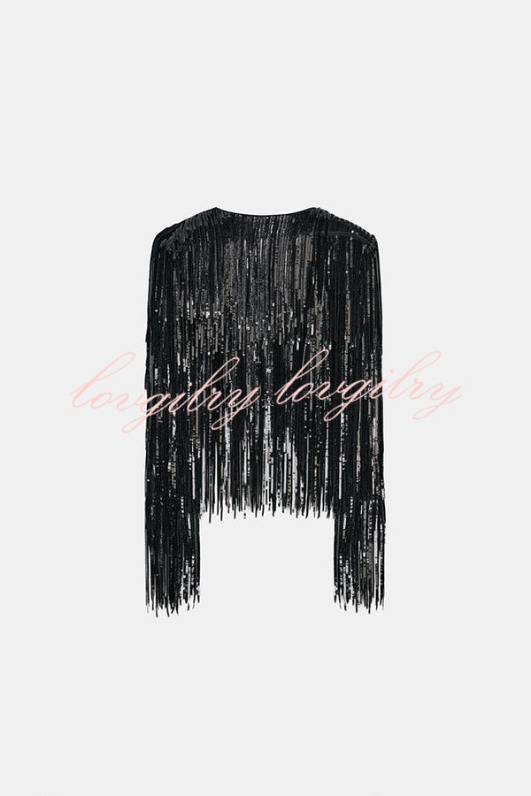 Party Crasher Layered Sequined Tassels Long Sleeve Loose Jacket