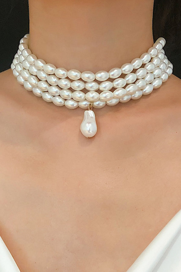 Stylish Geometric Pearl Beaded Multi-Layer Necklace