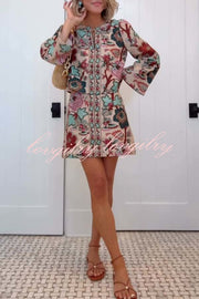 Autumn Garden Printed V-neck Long Bell Sleeve Top and Mid Rise Skirt Set