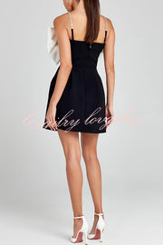 Eye-catching Satin Bow Applique Diamond Strap Contrast Pocketed Mini Dress