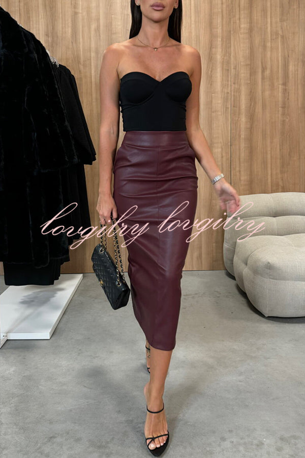 Lindsey Faux Leather High Rise Pocketed Slit Stretch Midi Skirt