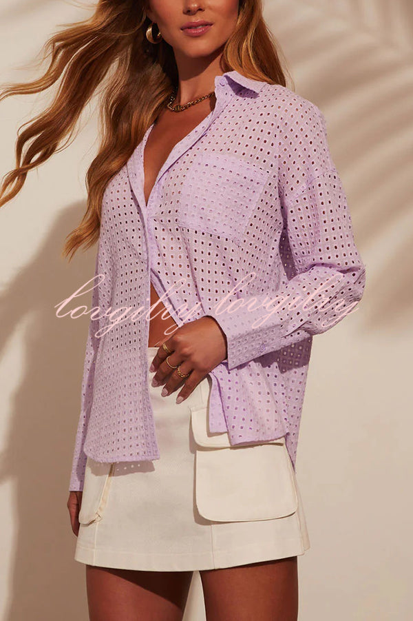 Fashionable Hollow Loose Button Pocket Shirt Top