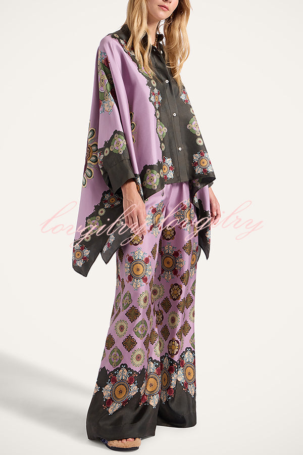 Satin Unique Print Loose Batwing Sleeve Top and Elastic Waist Pocket Casual Wide-leg Pants Set