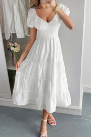 Solid Color V-neck Puff Sleeve Casual Holiday Style Midi Dress