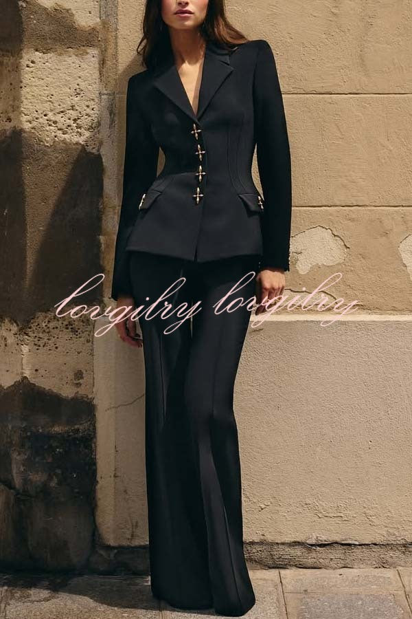 Women Power Metal Cross Snap Button Long Sleeve Lapel Blazer