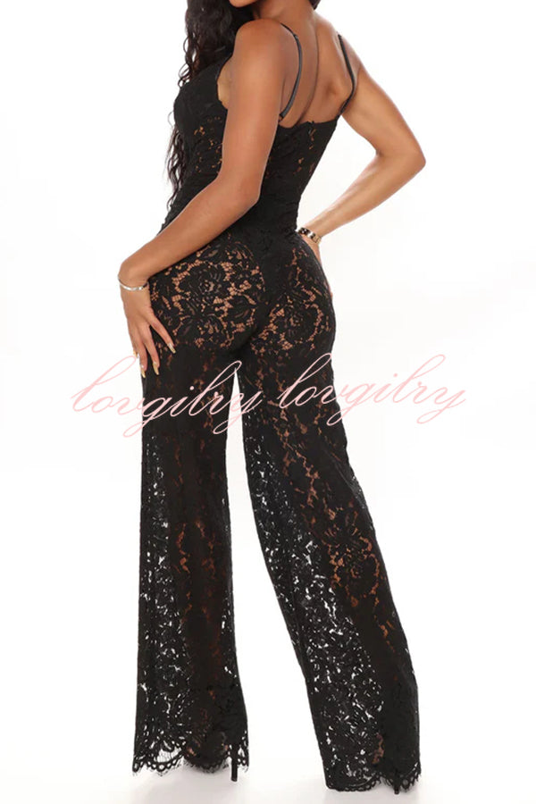 Sexy Moment Floral Lace Lined Suspender Wide Leg Stretch Jumpsuit