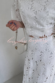 Elegant Embroidered Hollow Flowers Bell Sleeve Top and Full Hem Maxi Skirt Set