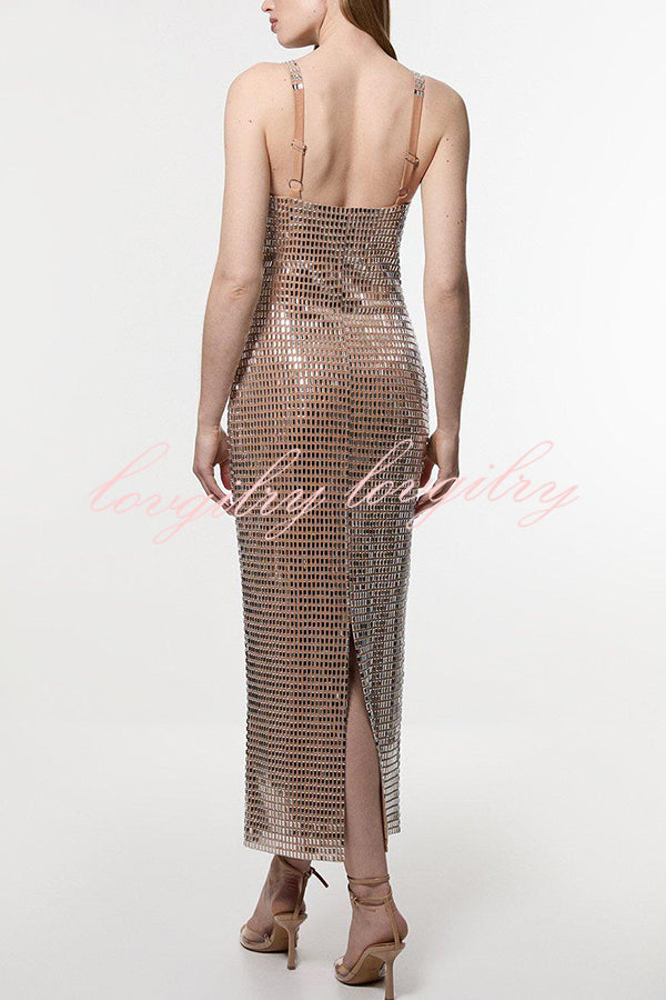 Dazzling Entrance Premium Crystal Embellished Jersey Slit Midi Dress