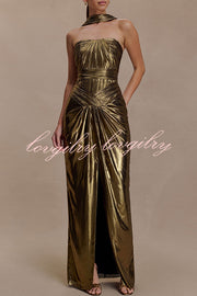 Clemence Plisse Metallic Fabric Reverse Halter Beck Strap Drape Slit Maxi Dress