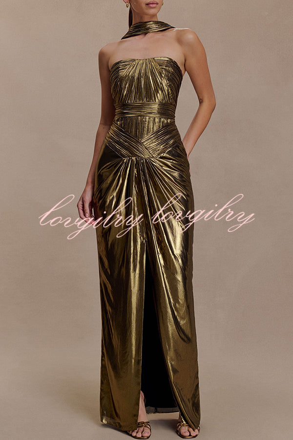 Clemence Plisse Metallic Fabric Reverse Halter Beck Strap Drape Slit Maxi Dress