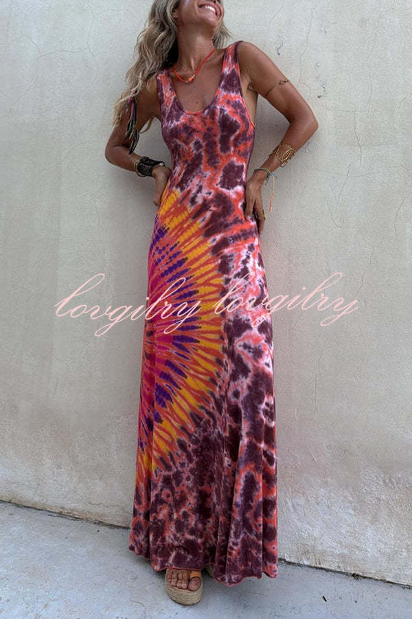 Boho Happiness Tie-dye Print Back Lace-up Stretch Maxi Dress