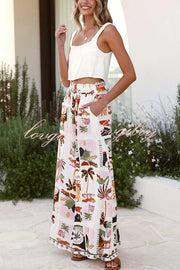 Holiday Style Holiday Print Casual Short-sleeved Shirt and Elastic Waist Loose Pocket Wide-leg Pants Set