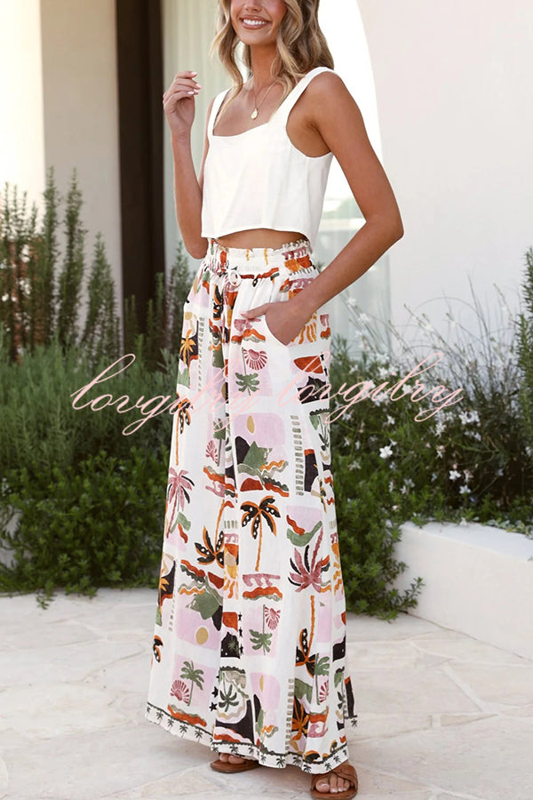 Holiday Style Holiday Print Casual Short-sleeved Shirt and Elastic Waist Loose Pocket Wide-leg Pants Set