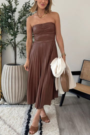 My Juliet Faux Leather Off Shoulder Strapless Pleated Stretch Midi Dress