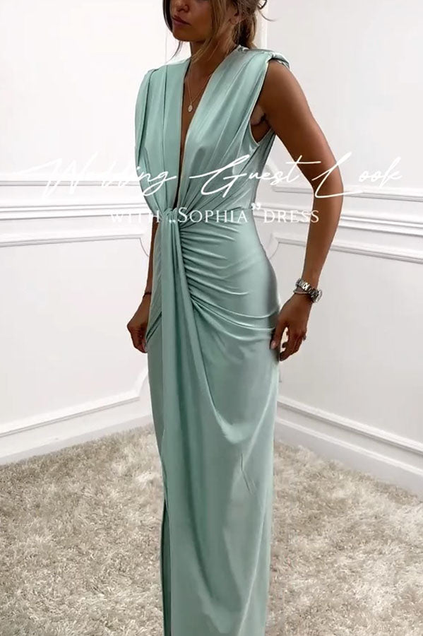 Classic and Sexy Dates V-neck Ruched Drape Slit Midi Dress