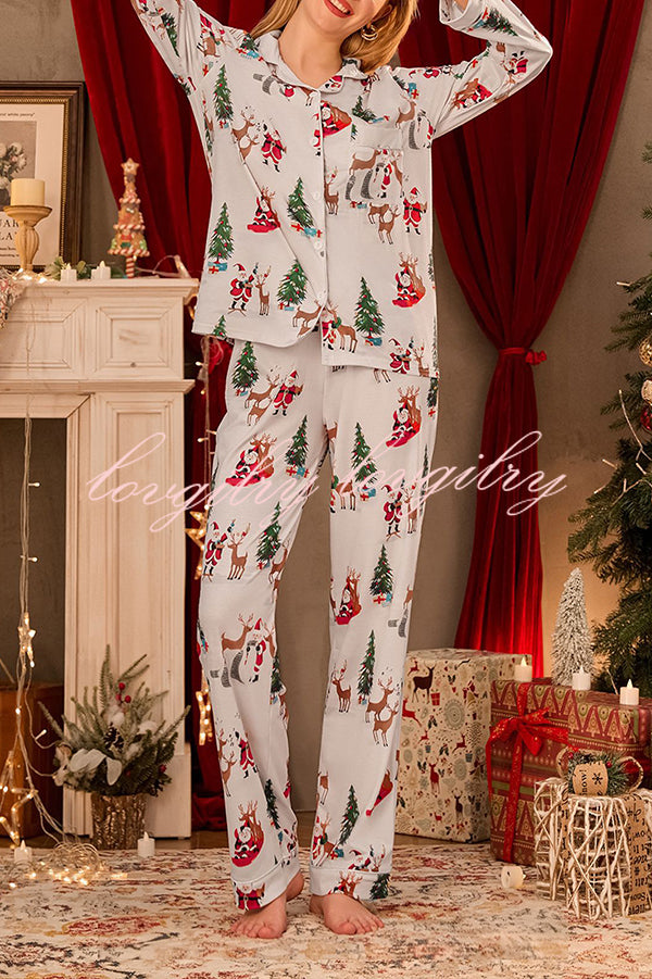 Christmas Holiday Print Long Sleeve Pocket Top and Elastic Waist Loose Pants Set