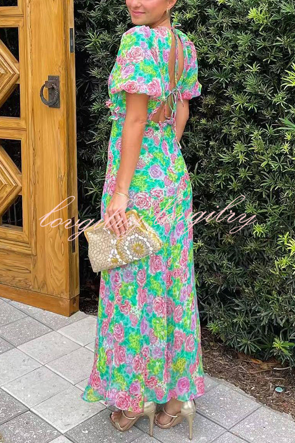 Floral Print V-neck Puff Sleeve Open-back Maxi Dress