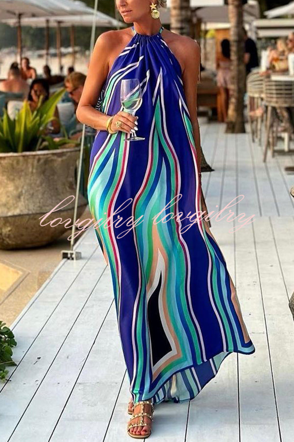 Phuket Dinner Colorful Wave Print Tassel Halter Maxi Dress