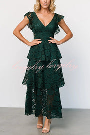 Lace V-neck Ruffled Sleeves Cinched Waist Maxi Dress