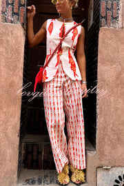 Good Luck Linen Blend Koi Pattern High Rise Elastic Waist Loose Pants