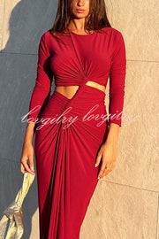 Solid Color Round Neck Long Sleeve Sexy Exposed Waist Slit Maxi Dress