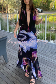 Bold and Sexy Tie-dye Abstract Floral Halter Drape Neck Backless Maxi Dress