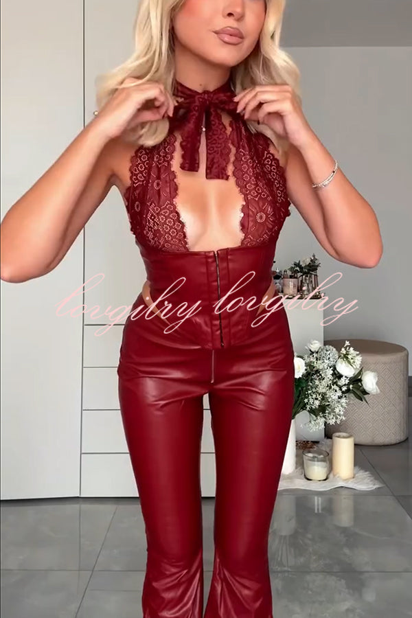 Style Challenge Stretch Faux Leather Lace Halter Tank and Zipper Waist Flare Pants Set