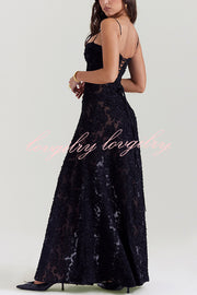 Romantic Vintage Feel Jacquard Fabric Back Lace-up Slip Floaty Maxi Dress