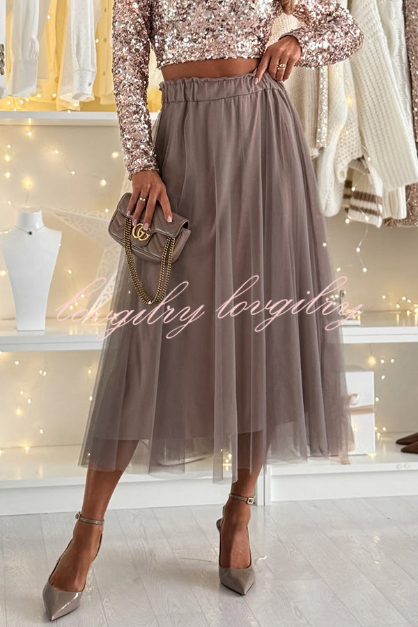 Holiday Party Tulle High Rise Elastic Waistband A-line Midi Skirt