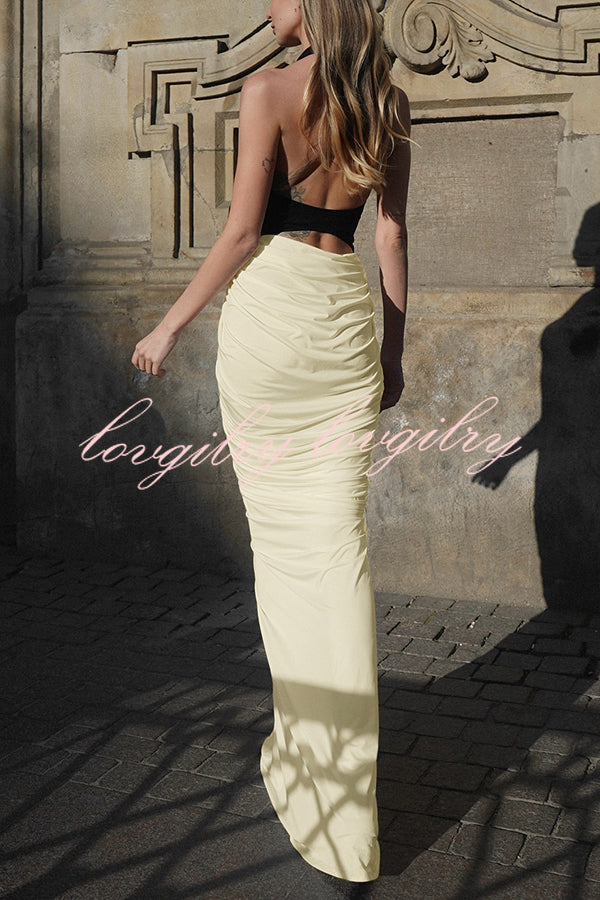 Fashionable Contrast Color Open Back Side Pleated Draped Maxi Dress